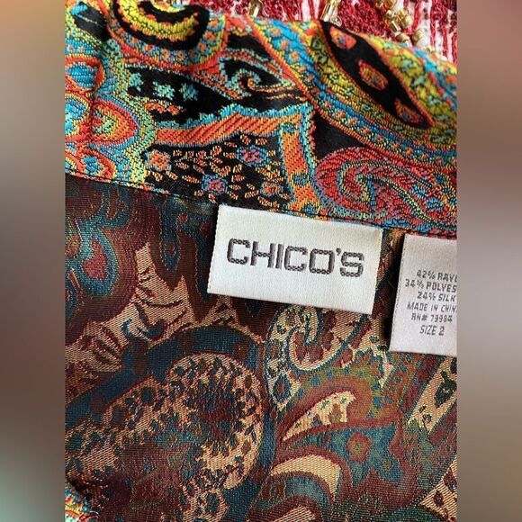 Chico's Jacket Womans Sz M Silk Blend Paisley Multicolor Metallic Button Pocket - Picture 6 of 16